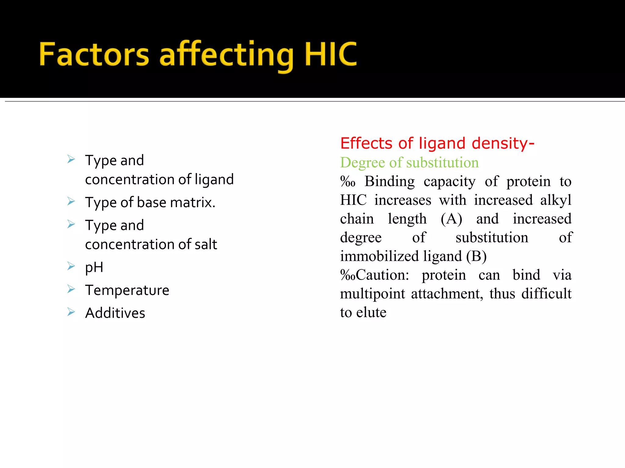  Type and
concentration of ligand
 Type of base matrix.
 Type and
concentration of salt
 pH
 Temperature
 Additives
Effects of ligand density-
Degree of substitution
‰ Binding capacity of protein to
HIC increases with increased alkyl
chain length (A) and increased
degree of substitution of
immobilized ligand (B)
‰Caution: protein can bind via
multipoint attachment, thus difficult
to elute
 