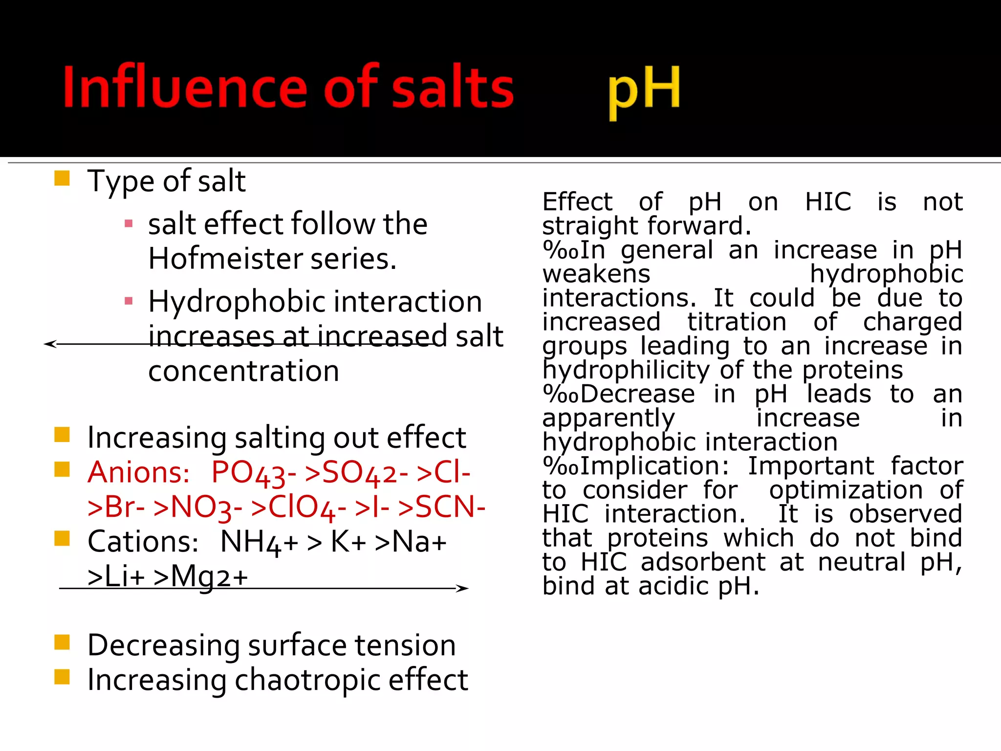  Type of salt
▪ salt effect follow the
Hofmeister series.
▪ Hydrophobic interaction
increases at increased salt
concentration
 Increasing salting out effect
 Anions: PO43- >SO42- >Cl-
>Br- >NO3- >ClO4- >I- >SCN-
 Cations: NH4+ > K+ >Na+
>Li+ >Mg2+
 Decreasing surface tension
 Increasing chaotropic effect
Effect of pH on HIC is not
straight forward.
‰In general an increase in pH
weakens hydrophobic
interactions. It could be due to
increased titration of charged
groups leading to an increase in
hydrophilicity of the proteins
‰Decrease in pH leads to an
apparently increase in
hydrophobic interaction
‰Implication: Important factor
to consider for optimization of
HIC interaction. It is observed
that proteins which do not bind
to HIC adsorbent at neutral pH,
bind at acidic pH.
 