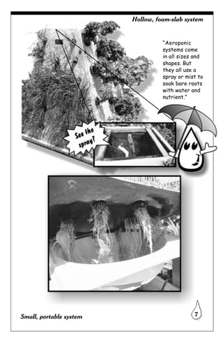 Hollow, foam-slab system


                                   “Aeroponic
                                   systems come
                                   in all sizes and
                                   shapes. But
                                   they all use a
                                   spray or mist to
                                   soak bare roots
                                   with water and
                                   nutrient.”




Small, portable system                         7
 