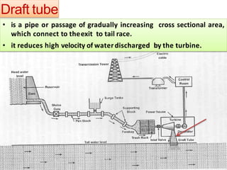 Draft tube
• is a pipe or passage of gradually increasing cross sectional area,
which connect to theexit to tail race.
• it reduces high velocity of waterdischarged by the turbine.
 