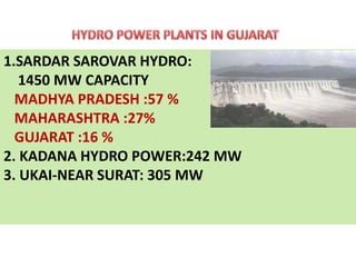 1.SARDAR SAROVAR HYDRO:
1450 MW CAPACITY
MADHYA PRADESH :57 %
MAHARASHTRA :27%
GUJARAT :16 %
2. KADANA HYDRO POWER:242 MW
3. UKAI-NEAR SURAT: 305 MW
 