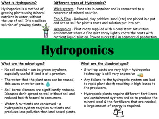 Hydroponics
What is Hydroponics?
Hydroponics is a method of
growing plants using mineral
nutrient in water, without
the use of soil. It’s a soilless
solution of growing plants.
What are the advantages?
• No soil needed – can be grown anywhere,
especially useful if land is at a premium.
• The water that the plant uses can be reused,
this saves on water costs.
• Soil-borne diseases are significantly reduced.
Diseases don’t spread so well without soil and
reduced health hazard to consumers.
• Water & nutrients are conserved – a
hydroponics system recycles nutrients and
produces less pollution than land based plants.
What are the disadvantages?
• Start-up costs are very high – hydroponics
technology is still very expensive
• Any failure to the hydroponic system can lead
to rapid plant death resulting in high losses to
the producers.
• Hydroponic plants require different fertilizers
and containment systems and so to produce the
mineral wool & the fertilizers that are needed,
a large amount of energy is required.
Different types of Hydroponics?
Wick system – Plant sits in container and is connected to a
reservoir of mineral solution.
Ebb & Flow - Rockwool, clay pebbles, sand (etc) are placed in a pot
and act as soil for plant’s roots and solution put into pot.
Aeroponics – Plant roots supplied with a consistent saturation
environment where a fine mist spray lightly coats the roots with
nutrient liquid solution. Proven successful in commercial production.
 