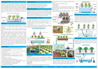 HISTORY
Hydroponics was introduced in1627 by Francis Bacon in his book ‘ A
Natural History’. Growing terrestrial plants without soil or water
culture as it was earlier known became a popular research
technique.
In1699 John Woodward in his water culture experiments found that
plants in less-pure water sources grew better than plants in distilled
water.
In 1929, William Frederick Gericke of the University of California at
Berkeley began publicly promoting that the principles of solution
culture be used for agricultural crop production. He first termed this
cultivation method "aquaculture" but later found
that aquaculture was already applied to culture of aquatic
organisms. Gericke created a sensation by growing tomato vines
twenty-five feet (7.6 metres) high in his back yard in mineral
nutrient solutions rather than soil. He then introduced the
term hydroponics, water culture, in 1937. The word hydroponics
comes from two Greek words ‘hydro’ meaning water and ‘ponos’
meaning labor. The U.S. Army used hydroponic culture to grow
fresh food for troops stationed on infertile Pacific islands during
World War II. By the 1950s, there were viable commercial farms in
America, Europe, Africa and Asia.
• It can be used in places where in-ground agriculture or
gardening is not possible (for example, dry desert areas
or cold climate regions).
• More complete control of nutrient content, pH and growing
environment.
• Lower water and nutrient costs associated with water
and nutrient recycling.
• Faster growth due to more available oxygen in root area.
• Elimination or reduction of soil related insects, fungi and
bacteria.
• Much higher crop yields.
• No weeding or cultivation required.
• Some crops, such as lettuce and strawberries, can be
lifted from ground level to a much better height for planting,
cultivation and harvesting. This gives much better
working conditions and hence lowers labor costs.
• Crop rotation/fallowing is not necessary.
• Transplant shock is reduced.
• Initial and operational costs are higher than soil culture.
• Skill and knowledge are needed to operate properly.
• Some diseases like Fusarium and Verticillium can spread
quickly through the system. However, many varieties
resistant to the above diseases have been bred.
ADVANCED LANDSCAPE TECHNIQUES- HYDROPONICS F.Y.M.ARCH. SEM-II 2021-22 SKNCOA PRACHI SATISH DESHPANDE
“HYDROPONICS” is the growing of plants in a liquid nutrient
solution with or without the use of artificial media. Commonly used
mediums include expanded clay, coir, perlite, vermiculite, brick
shards, polystyrene packing peanuts and wood fiber. Hydroponics
has been recognized as a viable method of producing vegetables
(tomatoes, lettuce, cucumbers and peppers) as well as ornamental
crops such as herbs, roses, freesia and foliage plants. Due to the
ban on methyl bromide in soil culture, the demand for
hydroponically grown produce has rapidly increased in the last few
years.
What is hydroponics?
Hydroponic systems can either be liquid or aggregate. Liquid
systems have no supporting medium for the plant roots; whereas,
aggregate systems have a solid medium of support. Hydroponic
systems are further categorized as open (once the nutrient
solution is delivered to the plant roots, it is not reused) or closed
(surplus solution is recovered, replenished, and recycled).
ADVANTAGES
DISADVANTAGES
GROWING SYSTEMS
They are closed systems.
• Nutrient Film Technique (NFT): Plants are placed in a
polyethylene tube that has slits cut in the plastic for the roots to
be inserted. Nutrient solution is pumped through this tube.
• Floating Hydroponics: Plants are grown on a floating raft of
expanded plastic.
• Aeroponics: Plant roots remain suspended in an enclosed
growing chamber, where they are sprayed with a mist of nutrient
solution at short intervals, usually every few minutes.
LIQUID HYDROPONIC SYSTEM:
Open system:
• Rockwool Culture: It is the most widely used medium in
hydroponics. Rockwool is ground-up basalt rock that is heated then
spun into threads making wool. It is very light and is often sold in
cubes. Rockwool can hold water and retain sufficient air space (at
least 18 percent) to promote optimum root growth.
• Sand Culture
Closed system:
• Gravel
• NFT and Rockwool: Plants are established on small rockwool
AGGREGATE HYDROPONIC SYSTEM :
slabs positioned in channels containing recycled nutrient
solution.
These system are further categorized into:
1. passive systems
2. active systems
1. Passive systems use a wick and growing media with very
high capillary action. This allows water to be drawn to the
plant roots. The Wick System is by far the simplest type of
hydroponic system.
2. Active systems work by actively passing a nutrient
solution over your plants roots. Examples include:
It is the simplest of all active hydroponic systems. The
platform that holds the plants is usually made of Styrofoam
and floats directly on the nutrient solution. An air pump
supplies air to the air stone that bubbles the nutrient
solution and supplies oxygen to the roots of the plants.
THE WATER CULTURE SYSTEM :
The Ebb and Flow System works by temporarily flooding
the grow tray with nutrient solution and then draining the
solution back into the reservoir. This action is normally
done with a submerged pump that is connected to a
timer. The timer is set to come on several times a day,
depending on the size and type of plants, temperature,
humidity and the type of growing medium used
THE EBB AND FLOW SYSTEM :
Drip Systems are probably the most widely used type of
hydroponic system in the world. A timer controls a
submersed pump. The timer turns the pump on and
nutrient solution is dripped onto the base of each plant by
a small drip line
DRIP SYSTEM:
 