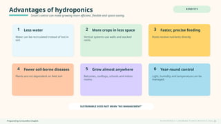 Prepared by CA Suvidha Chaplot H Y D R O P O N I C S • G R O W I N G P L A N T S W I TH O UT S O I L
Advantages of hydroponics
Smart control can make growing more efficient, flexible and space-saving.
BENEFITS
1 Less water
Water can be recirculated instead of lost in
soil.
2 More crops in less space
Vertical systems use walls and stacked
racks.
3 Faster, precise feeding
Roots receive nutrients directly.
4 Fewer soil-borne diseases
Plants are not dependent on field soil.
5 Grow almost anywhere
Balconies, rooftops, schools and indoor
rooms.
6 Year-round control
Light, humidity and temperature can be
managed.
SUSTAINABLE DOES NOT MEAN “NO MANAGEMENT”
25
 