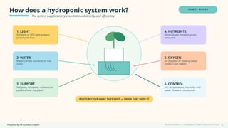 Prepared by CA Suvidha Chaplot H Y D R O P O N I C S • G R O W I N G P L A N T S W I TH O UT S O I L
How does a hydroponic system work?
The system supplies every essential need directly and efficiently.
HOW IT WORKS
1. LIGHT
Sunlight or LED light powers
photosynthesis.
2. WATER
Water carries nutrients to the
roots.
3. SUPPORT
Net pots, cocopeat, rockwool or
pebbles hold the plant.
4. NUTRIENTS
Minerals are mixed in exact
amounts.
5. OXYGEN
Air bubbles or flowing water
protect root health.
6. CONTROL
pH, temperature, humidity and
water flow are monitored.
ROOTS RECEIVE WHAT THEY NEED — WHEN THEY NEED IT
6
 