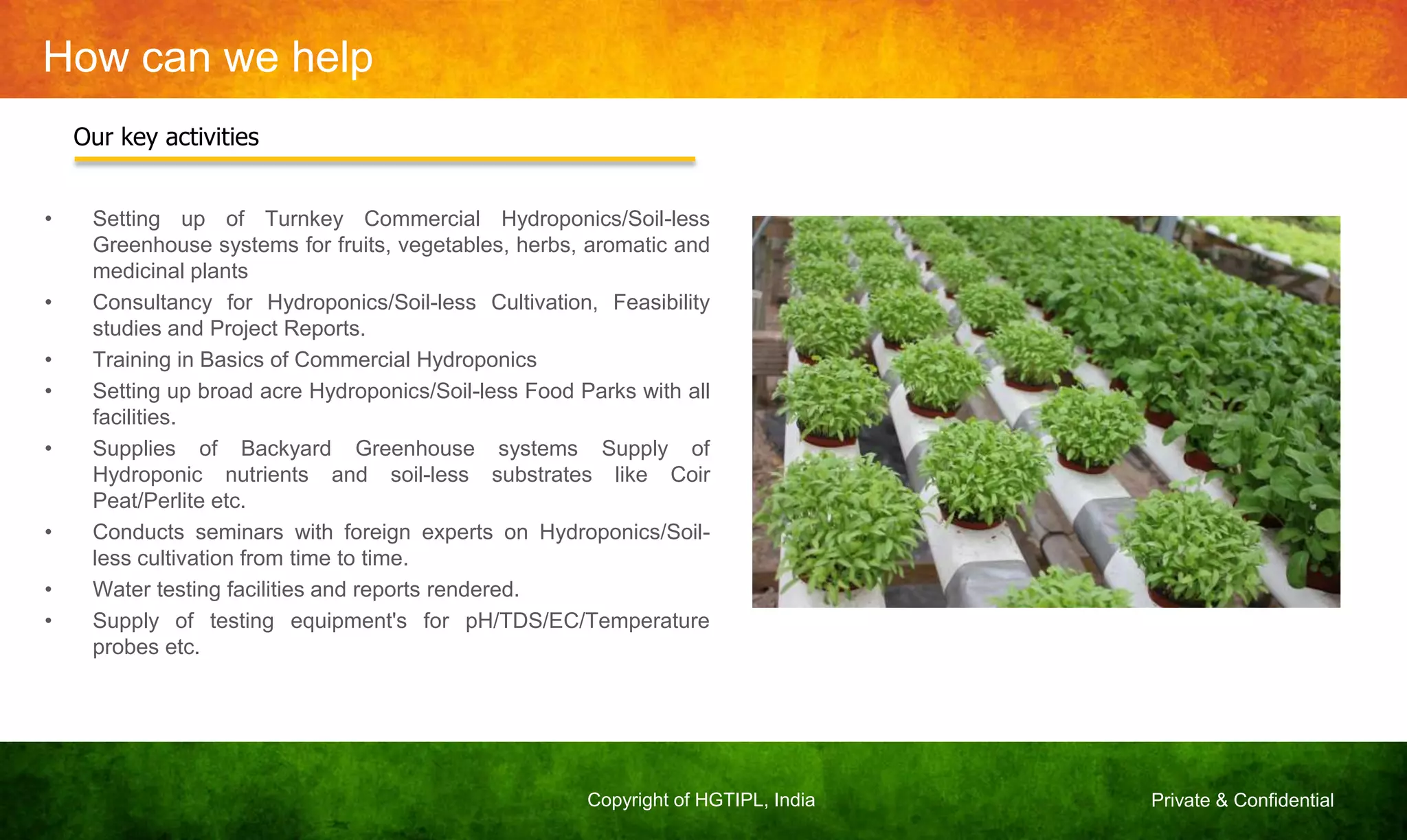 Private & ConfidentialCopyright of HGTIPL, India
How can we help
• Setting up of Turnkey Commercial Hydroponics/Soil-less
Greenhouse systems for fruits, vegetables, herbs, aromatic and
medicinal plants
• Consultancy for Hydroponics/Soil-less Cultivation, Feasibility
studies and Project Reports.
• Training in Basics of Commercial Hydroponics
• Setting up broad acre Hydroponics/Soil-less Food Parks with all
facilities.
• Supplies of Backyard Greenhouse systems Supply of
Hydroponic nutrients and soil-less substrates like Coir
Peat/Perlite etc.
• Conducts seminars with foreign experts on Hydroponics/Soil-
less cultivation from time to time.
• Water testing facilities and reports rendered.
• Supply of testing equipment's for pH/TDS/EC/Temperature
probes etc.
Our key activities
 