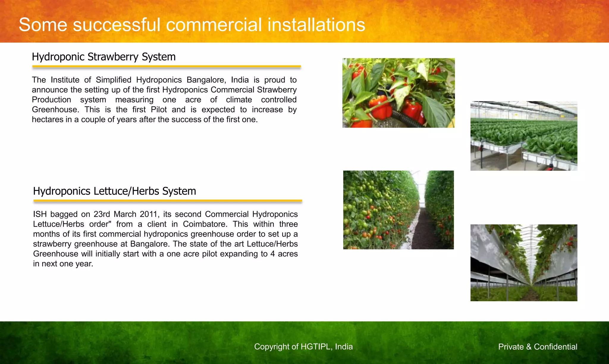 Private & ConfidentialCopyright of HGTIPL, India
Some successful commercial installations
Hydroponic Strawberry System
The Institute of Simplified Hydroponics Bangalore, India is proud to
announce the setting up of the first Hydroponics Commercial Strawberry
Production system measuring one acre of climate controlled
Greenhouse. This is the first Pilot and is expected to increase by
hectares in a couple of years after the success of the first one.
Hydroponics Lettuce/Herbs System
ISH bagged on 23rd March 2011, its second Commercial Hydroponics
Lettuce/Herbs order" from a client in Coimbatore. This within three
months of its first commercial hydroponics greenhouse order to set up a
strawberry greenhouse at Bangalore. The state of the art Lettuce/Herbs
Greenhouse will initially start with a one acre pilot expanding to 4 acres
in next one year.
 