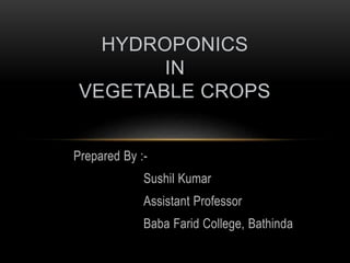 Prepared By :-
Sushil Kumar
Assistant Professor
Baba Farid College, Bathinda
HYDROPONICS
IN
VEGETABLE CROPS
 