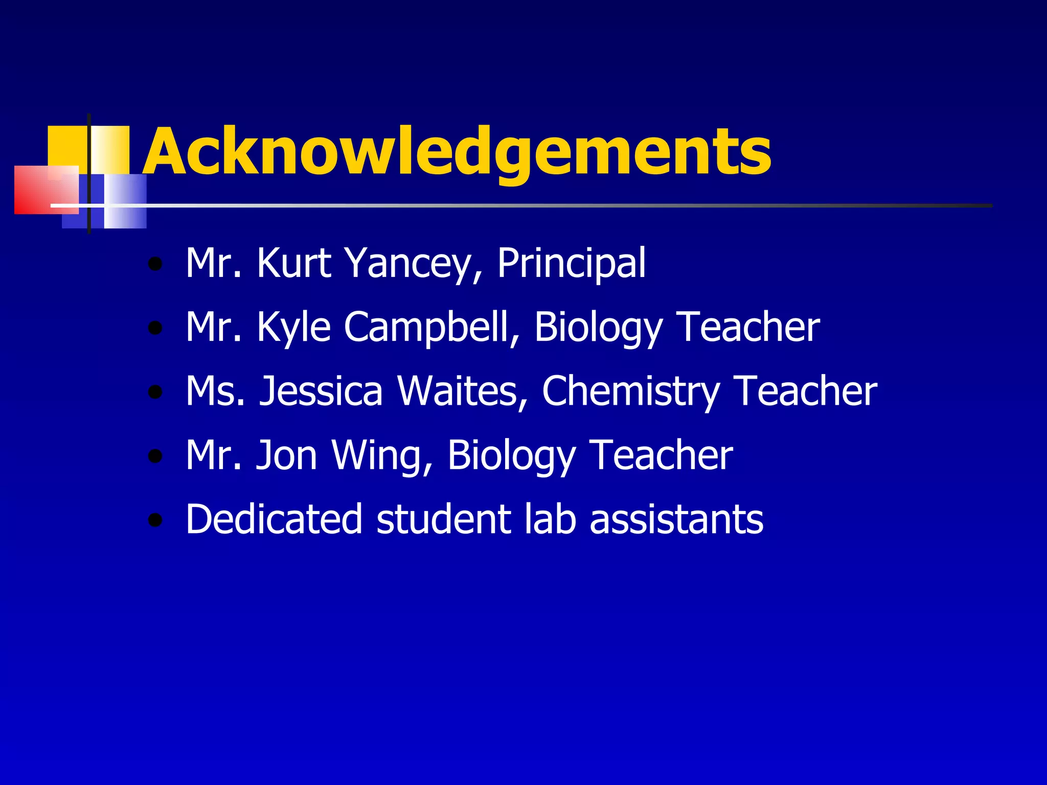 Acknowledgements Mr. Kurt Yancey, Principal Mr. Kyle Campbell, Biology Teacher Ms. Jessica Waites, Chemistry Teacher Mr. Jon Wing, Biology Teacher Dedicated student lab assistants 