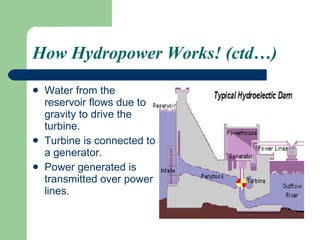 How Hydropower Works! (ctd…) Water from the reservoir flows due to gravity to drive the turbine. Turbine is connected to a generator. Power generated is transmitted over power lines. 
