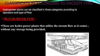 These are hydro power plants that utilize the stream flow as it comes ,
without any storage being provided.
RUN-OF-RIVER TYPE
Figure-Run-of-River hydropower plant
Hydropower plants can be classified in three categories according to
operation and type of flow
 