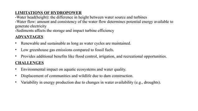 HYDROPOWER GENERATION, USES, LIMITATIONS | PPT