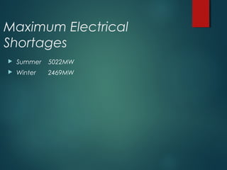 Maximum Electrical
Shortages
 Summer 5022MW
 Winter 2469MW
 