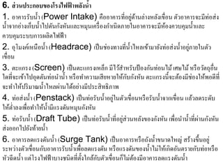 6. ส่ วนประกอบของโรงไฟฟาพลังนํา ้       ้
1. อาคารรับน้ า (Power Intake) คืออาคารที่อยดานล่างหลงเขื่อน ตวอาคารจะมีท่อส่ง
                 ํ                                            ู่ ้    ั       ั
นํ้าจากอ่างเก็บนํ้าไปดันกังหันและหมุนเครื่ องกําเนิดภายในอาคารจะมีหองควบคุมนํ้าและ
                                                                          ้
ควบคุมระบบการผลิตไฟฟ้า
                        ํ                                   ํ                    ่
2. อุโมงคเ์ หนือน้ า (Headrace) เป็ นช่องทางที่น้ าไหลเข้ามายังท่อส่ งนํ้าอยูภายในตัว
เขื่อน
3. ตะแกรง (Screen) เป็ นตะแกรงเหล็ก มีไว้สาหรับป้ องกันท่อนไม้ เศษไม้ หรื อวัตถุอื่น
                                                        ํ
ใดที่จะเข้าไปอุดตันท่อนํานํ้า หรื อทําความเสี ยหายให้กบกังหัน ตะแกรงนี้จะต้องมีช่องให้พอดีที่
                                                          ั
                              ่   ้ ่
จะทาใหปริมาณน้ าไหลผานไดอยางมีประสิทธิภาพ
      ํ ้             ํ
4. ท่อส่ งนํ้า (Penstack) เป็นท่อรับน้ าอยในตวเขื่อนหรือรับน้ าจากเขื่อน แลวลดระดบ
                                                ํ ู่ ั                  ํ          ้     ั
ให้ต่าลงเพื่อทําให้น้ ามีแรงดันหมุนกังหัน
       ํ                   ํ
5. ท่อรับน้ า (Draft Tube) เป็ นท่อรับนํ้าที่อยูส่วนหลังของกังหัน เพื่อนํานํ้าที่ผานกังหัน
              ํ                                       ่                                ่
ส่งออกไปยงทายน้ า
             ั ้ ํ
6. อาคารลดแรงดนน้ า (Surge Tank) เป็ นอาคารหรื อถังนํ้าขนาดใหญ่ สร้างขึ้นอยู่
                          ั ํ
ระหวางตวเขื่อนกบอาคารรับน้ าเพื่อลดแรงดน หรือแรงดนของน้ าไม่ใหเ้ กิดอนตรายกบท่อหรือ
         ่ ั        ั              ํ          ั                 ั   ํ       ั        ั
                                      ั    ั
หัวฉี ดนํ้า แต่โรงไฟฟ้ าบางชนิดที่ต้ งใกล้กบตัวเขื่อนก็ไม่ตองมีอาคารลดแรงดันนํ้า
                                                                  ้
 