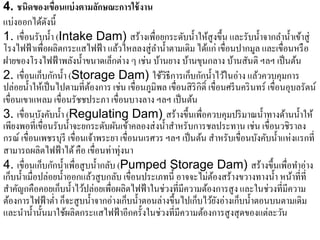 4. ชนิดของเขื่อนแบ่ งตามลักษณะการใช้ งาน
แบ่งออกไดดงน้ ี
             ้ั
1. เขื่อนรับนํ้า (Intake Dam) สร้างเพื่อยกระดับนํ้าให้สูงขึ้น และรับนํ้าจากลํานํ้าเข้าสู่
โรงไฟฟ้าเพื่อผลิตกระแสไฟฟ้า แลวไหลลงสู่ ลาน้ าตามเดิม ไดแก่ เขื่อนปากมูล และเขื่อนหรือ
                                       ้       ํ ํ                 ้
ฝายของโรงไฟฟ้ าพลังนํ้าขนาดเล็กต่าง ๆ เช่น บ้านยาง บ้านขุนกลาง บ้านสันติ ฯลฯ เป็ นต้น
2. เขื่อนเก็บกักนํ้า (Storage Dam) ใช้วธีการเก็บกักนํ้าไว้ในอ่าง แล้วควบคุมการ
                                                   ิ
ปล่อยนํ้าให้เป็ นไปตามที่ตองการ เช่น เขื่อนภูมิพล เขื่อนสิ ริกิต์ ิ เขื่อนศรี นคริ นทร์ เขื่อนอุบลรัตน์
                            ้
เขื่อนเขาแหลม เขื่อนรัชชประภา เขื่อนบางลาง ฯลฯ เป็นตน      ้
3. เขื่อนบังคับนํ้า (Regulating Dam) สร้างขึ้นเพื่อควบคุมปริ มาณนํ้าทางด้านนํ้าให้
เพียงพอที่เขื่อนรับน้ าจะยกระดบผนเขาคลองส่งน้ าสาหรับการชลประทาน เช่น เขื่อนวชิราลง
                      ํ          ั ั ้            ํ ํ
กรณ์ เขื่อนเพชรบุรี เขื่อนเจ้าพระยา เขื่อนนเรศวร ฯลฯ เป็ นต้น สําหรับเขื่อนบังคับนํ้าแห่งแรกที่
สามารถผลิตไฟฟ้ าได้ คือ เขื่อนท่าทุ่งนา
4. เขื่อนเก็บกักนํ้าเพื่อสูบนํ้ากลับ (Pumped Storage Dam) สร้างขึ้นเพื่อทําอ่าง
เกบน้ าเมื่อปล่อยน้ าออกแลวสูบกลบ เขื่อนประเภทน้ ี อาจจะไม่ตองสร้างขวางทางน้ า หนาที่ที่
    ็ ํ             ํ         ้      ั                                 ้                   ํ ้
สาคญกคือคอยเกบน้ าไวปล่อยเพื่อผลิตไฟฟ้าในช่วงที่มีความตองการสูง และในช่วงที่มีความ
  ํ ั             ็ ํ ้                                              ้
ต้องการไฟฟ้ าตํ่า ก็จะสูบนํ้าจากอ่างเก็บนํ้าตอนล่างขึ้นไปเก็บไว้ยงอ่างเก็บนํ้าตอนบนตามเดิม
                                                                         ั
และนํานํ้านั้นมาใช้ผลิตกระแสไฟฟ้ าอีกครั้งในช่วงที่มีความต้องการสู งสุ ดของแต่ละวัน
 