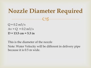 
Q = 0.2 m3/s
Av = Q = 0.2 m3/s
D = 13.5 cm = 5.3 in
This is the diameter of the nozzle
Note: Water Velocity will be different in delivery pipe
because it is 0.5 m wide.
Nozzle Diameter Required
 