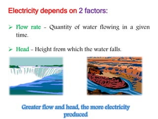 Electricity depends on 2 factors:
 Flow rate - Quantity of water flowing in a given
time.
 Head - Height from which the water falls.
 
