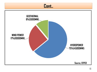 Cont..
HYDROPOWER
75%(45000MW)
WIND POWER
17%(10000MW)
GEOTHERMAL
8%(5000MW)
Source, EEPCO
18
 