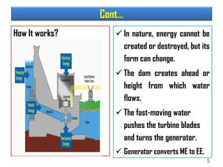 Cont…
How It works?  In nature, energy cannot be
created or destroyed, but its
form can change.
 The dam creates ahead or
height from which water
flows.
 The fast-moving water
pushes the turbine blades
and turns the generator.
 Generator converts ME to EE.
5
 