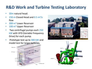 R&D Work and Turbine Testing Laboratory
• 30m natural head.
• 150 m Closed Head and 0.5 m3/s
flow
• 300 m3 Lower Reservoir
• 100 m3 Upper Reservoir
• Two centrifugal pumps each 250
kW with VFD (Variable Frequency
Drive) for each pump.
• Prototype test up to 300 kW and
model test for larger turbines.
 
