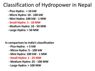 Classification of Hydropower in Nepal
- Pico Hydro: < 10 kW
- Micro Hydro: 10 - 100 kW
- Mini Hydro: 100 kW - 1 MW
- Small Hydro: 1 - 10 MW
- Medium Hydro: 10 - 50 MW
- Large Hydro: > 50 MW
In comparison to India’s classification
- Pico Hydro: < 5 kW
- Micro Hydro: 5 - 100 kW
- Mini Hydro: 100 kW - 1 MW
- Small Hydro: 1 - 25 MW
- Medium Hydro: 25 - 100 MW
- Large Hydro: > 100 MW
 