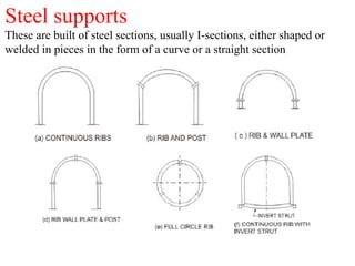 Steel supports
These are built of steel sections, usually I-sections, either shaped or
welded in pieces in the form of a curve or a straight section
 