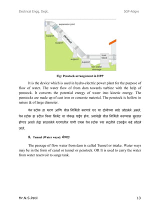 Electrical Engg. Dept. SGP-Atigre
Mr.N.S.Patil 13
Fig: Penstock arrangement in HPP
It is the device which is used in hydro-electric power plant for the purpose of
flow of water. The water flow of from dam towards turbine with the help of
penstock. It converts the potential energy of water into kinetic energy. The
penstocks are made up of cast iron or concrete material. The penstock is hollow in
nature & of large diameter.
8. Tunnel (Water ways):
The passage of flow water from dam is called Tunnel or intake. Water ways
may be in the form of canal or tunnel or penstock. OR It is used to carry the water
from water reservoir to surge tank.
 