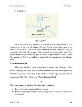 Electrical Engg. Dept. SGP-Atigre
Mr.N.S.Patil 14
9. Surge tank:
Fig: Surge Tank
It is a device which is connected in between dam & power house. It is of
vertical type, at the time of starting of hydro-electric power plant, near power
house valve is closed. Then water flows from dam towards turbine & filled the
surge tank, after that valve is open either manually or automatically, water flow
towards turbine when valves are open & turbine or prime mover starts to rotate.
This sequence is follow to avoid or to prevent the turbines against water hammer
effect.
Water hammer effect:
When load on power plant or alternator decreases then Governor (valve)
reduces discharge of water. Due to sudden reduction in water discharge causes
increase in pressure of the water in the penstock. Due to high pressure penstock
may damage. This effect is known as ‘Water hammer effect’
OR
When load on power plant or alternator decreases then:
Governor (valve) reduces discharge of water.
Due to sudden reduction in water discharge causes increase in pressure in
the penstock.
 