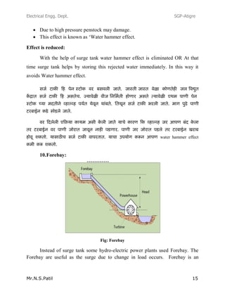 Electrical Engg. Dept. SGP-Atigre
Mr.N.S.Patil 15
Due to high pressure penstock may damage.
This effect is known as ‘Water hammer effect.
Effect is reduced:
With the help of surge tank water hammer effect is eliminated OR At that
time surge tank helps by storing this rejected water immediately. In this way it
avoids Water hammer effect.
------------
water hammer effect
10.Forebay:
Fig: Forebay
Instead of surge tank some hydro-electric power plants used Forebay. The
Forebay are useful as the surge due to change in load occurs. Forebay is an
 