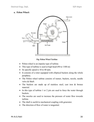 Electrical Engg. Dept. SGP-Atigre
Mr.N.S.Patil 30
a. Pelton Wheel:
Fig: Pelton Wheel Turbine
Pelton wheel is an impulse type of turbine.
This type of turbine is used at high head (90 to 1100 m)
Its specific speed is 10 to 40 rpm.
It consists of a rotor equipped with elliptical buckets along the whole
periphery.
The Pelton wheel turbine consists of runner, buckets, nozzle, needle
valve & Shaft.
The buckets are made up of stainless steel, cast iron & bronze
material.
In this type of turbine 1 or 2 jets are used to force the water through
buckets.
The nozzles are used to increase the pressure of water flow towards
turbine.
The shaft is useful to mechanical coupling with generator.
The direction of flow of water is tangential.
 