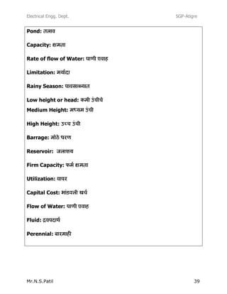 Electrical Engg. Dept. SGP-Atigre
Mr.N.S.Patil 39
Pond:
Capacity:
Rate of flow of Water:
Limitation:
Rainy Season:
Low height or head:
Medium Height:
High Height:
Barrage:
Reservoir:
Firm Capacity:
Utilization:
Capital Cost:
Flow of Water:
Fluid:
Perennial:
 