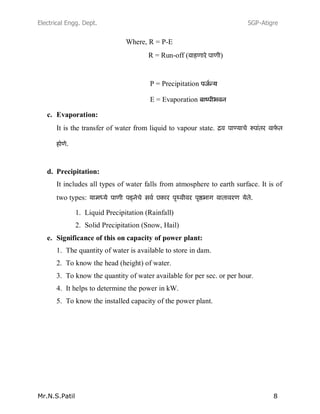 Electrical Engg. Dept. SGP-Atigre
Mr.N.S.Patil 8
Where, R = P-E
R = Run-off ( )
P = Precipitation
E = Evaporation
c. Evaporation:
It is the transfer of water from liquid to vapour state.
d. Precipitation:
It includes all types of water falls from atmosphere to earth surface. It is of
two types:
1. Liquid Precipitation (Rainfall)
2. Solid Precipitation (Snow, Hail)
e. Significance of this on capacity of power plant:
1. The quantity of water is available to store in dam.
2. To know the head (height) of water.
3. To know the quantity of water available for per sec. or per hour.
4. It helps to determine the power in kW.
5. To know the installed capacity of the power plant.
 