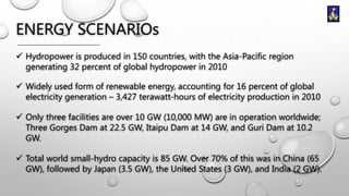 ENERGY SCENARIOs
 Hydropower is produced in 150 countries, with the Asia-Pacific region
generating 32 percent of global hydropower in 2010
 Widely used form of renewable energy, accounting for 16 percent of global
electricity generation – 3,427 terawatt-hours of electricity production in 2010
 Only three facilities are over 10 GW (10,000 MW) are in operation worldwide;
Three Gorges Dam at 22.5 GW, Itaipu Dam at 14 GW, and Guri Dam at 10.2
GW.

 Total world small-hydro capacity is 85 GW. Over 70% of this was in China (65
GW), followed by Japan (3.5 GW), the United States (3 GW), and India (2 GW).

 