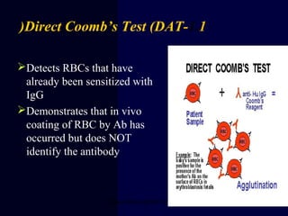 1.1-Direct Coomb’s Test (DAT(
Detects RBCs that have
already been sensitized with
IgG
Demonstrates that in vivo
coating of RBC by Ab has
occurred but does NOT
identify the antibody
Deepa Babin @TMC Kollam 28
 