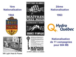 1ère                    2ième
Nationalisation          Nationalisation

      1944                   1963




                          Nationalisation
                         de 11 compagnies
                            pour 604 M$


Mtl Light Heat & Power
 