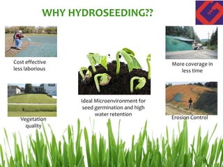 WHY HYDROSEEDING??
Cost effective
less laborious
Vegetation
quality
More coverage in
less time
Erosion Control
Ideal Microenvironment for
seed germination and high
water retention
 