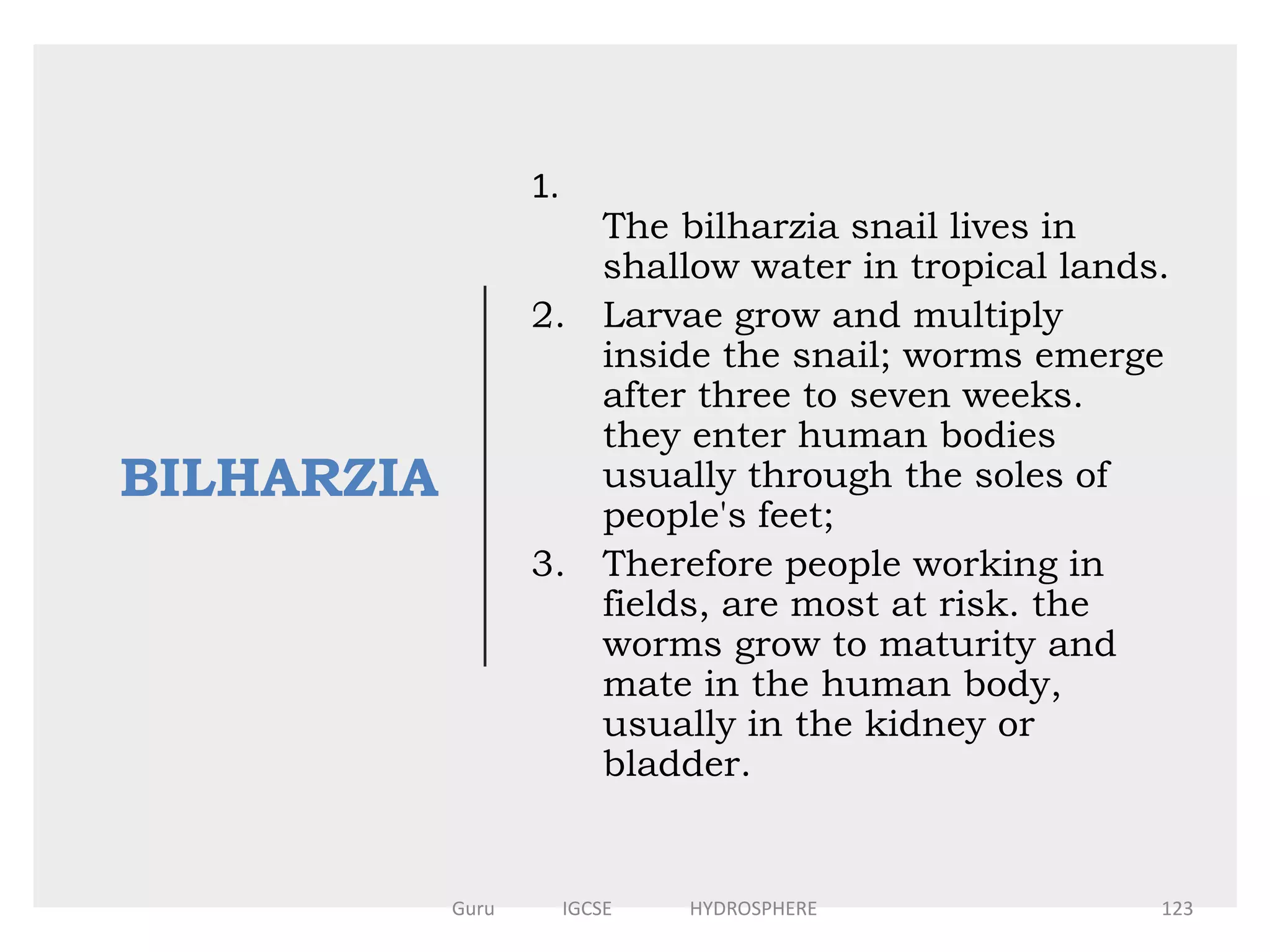 BILHARZIA
1.
The bilharzia snail lives in
shallow water in tropical lands.
2. Larvae grow and multiply
inside the snail; worms emerge
after three to seven weeks.
they enter human bodies
usually through the soles of
people's feet;
3. Therefore people working in
fields, are most at risk. the
worms grow to maturity and
mate in the human body,
usually in the kidney or
bladder.
123Guru IGCSE HYDROSPHERE
 
