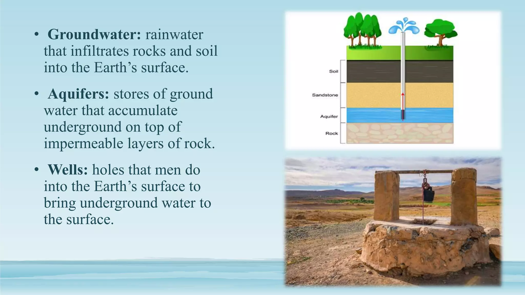 • Groundwater: rainwater
that infiltrates rocks and soil
into the Earth’s surface.
• Aquifers: stores of ground
water that accumulate
underground on top of
impermeable layers of rock.
• Wells: holes that men do
into the Earth’s surface to
bring underground water to
the surface.
 