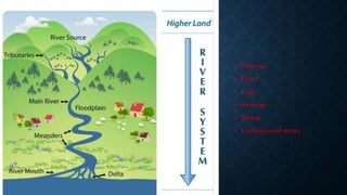 • Streams
• River
• Lake
• Swamps
• Marsh
• Underground water
 