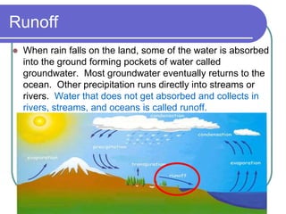 Runoff
 When rain falls on the land, some of the water is absorbed
into the ground forming pockets of water called
groundwater. Most groundwater eventually returns to the
ocean. Other precipitation runs directly into streams or
rivers. Water that does not get absorbed and collects in
rivers, streams, and oceans is called runoff.
 