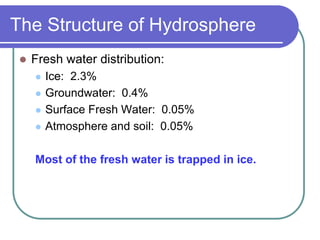 The Structure of Hydrosphere
 Fresh water distribution:
 Ice: 2.3%
 Groundwater: 0.4%
 Surface Fresh Water: 0.05%
 Atmosphere and soil: 0.05%
Most of the fresh water is trapped in ice.
 
