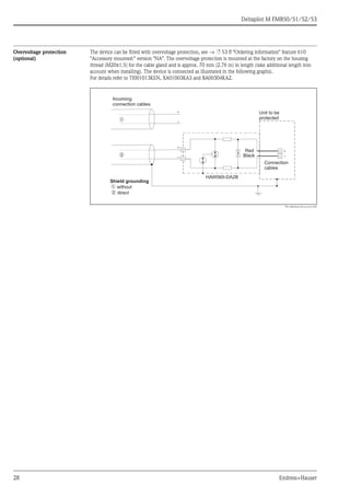 Deltapilot M FMB50/51/52/53
28 Endress+Hauser
Overvoltage protection
(optional)
The device can be fitted with overvoltage protection, see → ä 53 ff "Ordering information" feature 610
"Accessory mounted:" version "NA". The overvoltage protection is mounted at the factory on the housing
thread (M20x1.5) for the cable gland and is approx. 70 mm (2.76 in) in length (take additional length into
account when installing). The device is connected as illustrated in the following graphic.
For details refer to TI001013KEN, XA01003KA3 and BA00304KA2.
P01-xMx5xxxx-04-xx-xx-en-006
➀
➁
Unit to be
protected
Connection
cables
Incoming
connection cables
HAW569-DA2B
+
-
+
-
Red
Black
+
-
Shield grounding
without
direct
➀
➁
 