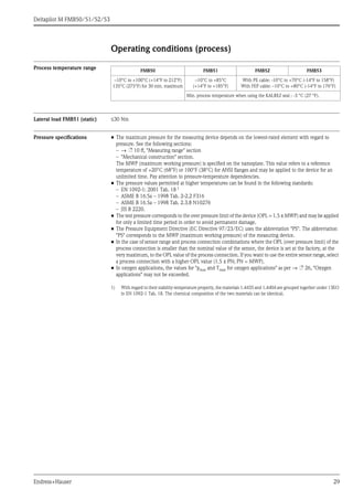 Deltapilot M FMB50/51/52/53
Endress+Hauser 29
Operating conditions (process)
Process temperature range
Lateral load FMB51 (static) ≤30 Nm
Pressure specifications • The maximum pressure for the measuring device depends on the lowest-rated element with regard to
pressure. See the following sections:
– → ä 10 ff, "Measuring range" section
– "Mechanical construction" section.
The MWP (maximum working pressure) is specified on the nameplate. This value refers to a reference
temperature of +20°C (68°F) or 100°F (38°C) for ANSI flanges and may be applied to the device for an
unlimited time. Pay attention to pressure-temperature dependencies.
• The pressure values permitted at higher temperatures can be found in the following standards:
– EN 1092-1: 2001 Tab. 18 1
– ASME B 16.5a – 1998 Tab. 2-2.2 F316
– ASME B 16.5a – 1998 Tab. 2.3.8 N10276
– JIS B 2220.
• The test pressure corresponds to the over pressure limit of the device (OPL = 1.5 x MWP) and may be applied
for only a limited time period in order to avoid permanent damage.
• The Pressure Equipment Directive (EC Directive 97/23/EC) uses the abbreviation "PS". The abbreviation
"PS" corresponds to the MWP (maximum working pressure) of the measuring device.
• In the case of sensor range and process connection combinations where the OPL (over pressure limit) of the
process connection is smaller than the nominal value of the sensor, the device is set at the factory, at the
very maximum, to the OPL value of the process connection. If you want to use the entire sensor range, select
a process connection with a higher OPL value (1.5 x PN; PN = MWP).
• In oxygen applications, the values for "pmax and Tmax for oxygen applications" as per → ä 26, "Oxygen
applications" may not be exceeded.
FMB50 FMB51 FMB52 FMB53
–10°C to +100°C (+14°F to 212°F)
135°C (275°F) for 30 min. maximum
–10°C to +85°C
(+14°F to +185°F)
With PE cable: -10°C to +70°C (-14°F to 158°F)
With FEP cable: –10°C to +80°C (-14°F to 176°F)
Min. process temperature when using the KALREZ seal : -3 °C (27 °F).
1) With regard to their stability-temperature property, the materials 1.4435 and 1.4404 are grouped together under 13EO
in EN 1092-1 Tab. 18. The chemical composition of the two materials can be identical.
 