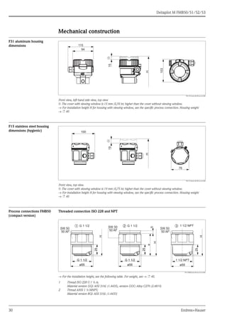 Deltapilot M FMB50/51/52/53
30 Endress+Hauser
Mechanical construction
F31 aluminum housing
dimensions
P01-F31xxxx-06-00-xx-xx-000
Front view, left-hand side view, top view
➀ The cover with viewing window is 15 mm (0,59 in) higher than the cover without viewing window.
→ For installation height H for housing with viewing window, see the specific process connection. Housing weight
→ ä 40
F15 stainless steel housing
dimensions (hygienic)
P01-F15xxxx-06-00-xx-xx-000
Front view, top view.
➀ The cover with viewing window is 19 mm (0,75 in) higher than the cover without viewing window.
→ For installation height H for housing with viewing window, see the specific process connection. Housing weight
→ ä 40
Process connections FMB50
(compact version)
Threaded connection ISO 228 and NPT
P01-FMB5xxxx-06-xx-xx-xx-005
→ For the installation height, see the following table. For weight, see → ä 40.
1 Thread ISO 228 G 1 ½ A;
Material version GGJ: AISI 316L (1.4435), version GGC: Alloy C276 (2.4819)
2 Thread ANSI 1 ½ MNPT;
Material version RGJ: AISI 316L (1.4435)
115
103
94
H
➀
15
76
100
H
➀
19
➂G 1 1/2
H
➁ 1 1/2 NPTSW 50
50 AF
H
ø55
G 1 1/2
ø55
25
ø55
G 1 1/2
ø55
25
1 1/2 NPT
ø55ø55
25
SW 50
50 AF
➀ G 1 1/2
H
SW 50
50 AF
ø55
G 1 1/2
ø55
25
ø55
G 1 1/2
ø55
25
a
b
 