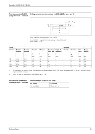 Deltapilot M FMB50/51/52/53
Endress+Hauser 33
Process connections FMB50
(compact version) - continued
JIS flanges, connection dimensions as per JIS B 2220 BL, raised face RF
P01-FMB70xxx-06-09-xx-xx-002
Flange with raised face, material: AISI 316L (1.4435)
H: device height = height of device without flange + flange thickness b
Height H, see → ä 33.
Process connections FMB50
(compact version) - continued
Installation height H, devices with flange
D
k
b
g2
g
H
2
h
Flange 1)
Boltholes
Version Nominal
diameter
Nominal
pressure
Diameter Thickness Diameter of
raised face
Height of
raised face
Quantity Diameter Hole
circle
Flange
weight 2)
D b g f g2 k
[mm] [mm] [mm] [mm] [mm] [mm] [kg]
KEJ 40 A 10 K 140 16 81 2 4 19 105 2.1
KFJ 50 A 10 K 155 16 96 2 4 19 120 2.5
KGJ 80 A 10 K 185 18 126 2 8 19 150 3.8
KHJ 100 A 10 K 210 18 151 2 8 19 175 4.9
1) The roughness of the surface in contact with the medium, including the sealing surface of the flanges (all standards), is Ra 0.8 μm (31,5 μin). Lower surface
roughness available on request.
2) Weight incl. pipe and measuring cell, housing weight, see → ä 40
F31 housing F15 housing
165 mm (6.5 in) 157 mm (6.18 in)
 