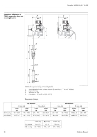 Deltapilot M FMB50/51/52/53
38 Endress+Hauser
Dimensions of Deltapilot M
FMB53 (suspension clamp and
mounting bracket)
P01-FMB53xxx-06-xx-xx-xx-000
FMB53 with suspension clamp and mounting bracket
1 Mounting bracket for pipe and wall mounting (for pipes from 1 1/4
" up to 2" diameter)
2 Suspension clamp
3 Measuring cell tube
L Probe length = 0.5 to 400 m (1.6 to 1312 ft)
Dimensions (in mm)
ø42.4
ø43.5
236
61
238
ø10.4
➁
➂
L
G
ø94
➀ ➀
A
ø94
F
E
B
C D
R
200
m
m
Pipe mounting Wall mounting
A [mm (in)] C [mm (in)] B [mm (in)] D [mm (in)]
Cover
flat
Cover
high
Cover
flat
Cover
high
Cover
flat
Cover
high
Cover
flat
Cover
high
F15 housing 154.7 (6.09) 173.7 (6.84) 197.1 (776) 210.6 (8.29) 167.7 (6.6) 186.7 (7.35) 210.1 (8.27) 223.6 (8.8)
F31 housing 167 (6.57) 181.3 (7.14) 211.8 (8.34) 221.7 (8.73) 180 (7.09) 194.3 (7.65) 224.8 (8.85) 234.7 (9.24)
E [mm (in)] F [mm (in)] G [mm (in)]
F15 housing 146 (5.75) 127 (5) 159 (6.26)
F31 housing 156.2 (6.15) 137.2 (5.4) 169.2 (6.66)
 
