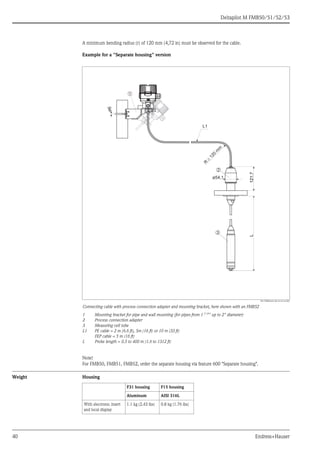 Deltapilot M FMB50/51/52/53
40 Endress+Hauser
A minimum bending radius (r) of 120 mm (4,72 in) must be observed for the cable.
Example for a "Separate housing" version
P01-FMB5xxxx-06-xx-xx-xx-003
Connecting cable with process connection adapter and mounting bracket, here shown with an FMB52
1 Mounting bracket for pipe and wall mounting (for pipes from 1 1/4
" up to 2" diameter)
2 Process connection adapter
3 Measuring cell tube
L1 PE cable = 2 m (6.6 ft), 5m (16 ft) or 10 m (33 ft)
FEP cable = 5 m (16 ft)
L Probe length = 0.5 to 400 m (1.6 to 1312 ft)
Note!
For FMB50, FMB51, FMB52, order the separate housing via feature 600 "Separate housing".
Weight Housing
➀
ø6
121.7
L1
L
R
120
m
m
³
➁
➂
ø54.1
F31 housing F15 housing
Aluminum AISI 316L
With electronic insert
and local display
1.1 kg (2.43 lbs) 0.8 kg (1.76 lbs)
 