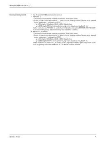 Deltapilot M FMB50/51/52/53
Endress+Hauser 9
Communication protocol • 4 to 20 mA with HART communication protocol
• PROFIBUS PA
– The Endress+Hauser devices meet the requirements of the FISCO model.
– Due to the low current consumption of 11 mA ± 1 mA, the following number of devices can be operated
on one bus segment if installing as per FISCO:
– up to 8 Deltapilot M for Ex ia, CSA IS and FM IS applications
– up to 31 Deltapilot M for all other applications, e.g. in non-hazardous areas, Ex nA, etc.
Further information on PROFIBUS PA can be found in Operating Instructions BA00034S "PROFIBUS DP/
PA: Guidelines for planning and commissioning" and in the PNO Guideline.
• FOUNDATION Fieldbus
– The Endress+Hauser devices meet the requirements of the FISCO model.
– Due to the low current consumption of 16 mA ± 1 mA, the following number of devices can be operated
on one bus segment if installing as per FISCO:
– up to 6 Deltapilot M for Ex ia, CSA IS and FM IS applications
– up to 22 Deltapilot M for all other applications, e.g. in non-hazardous areas, Ex nA, etc.
Further information on FOUNDATION Fieldbus, such as requirements for bus system components can be
found in Operating Instructions BA00013S "FOUNDATION Fieldbus Overview".
 