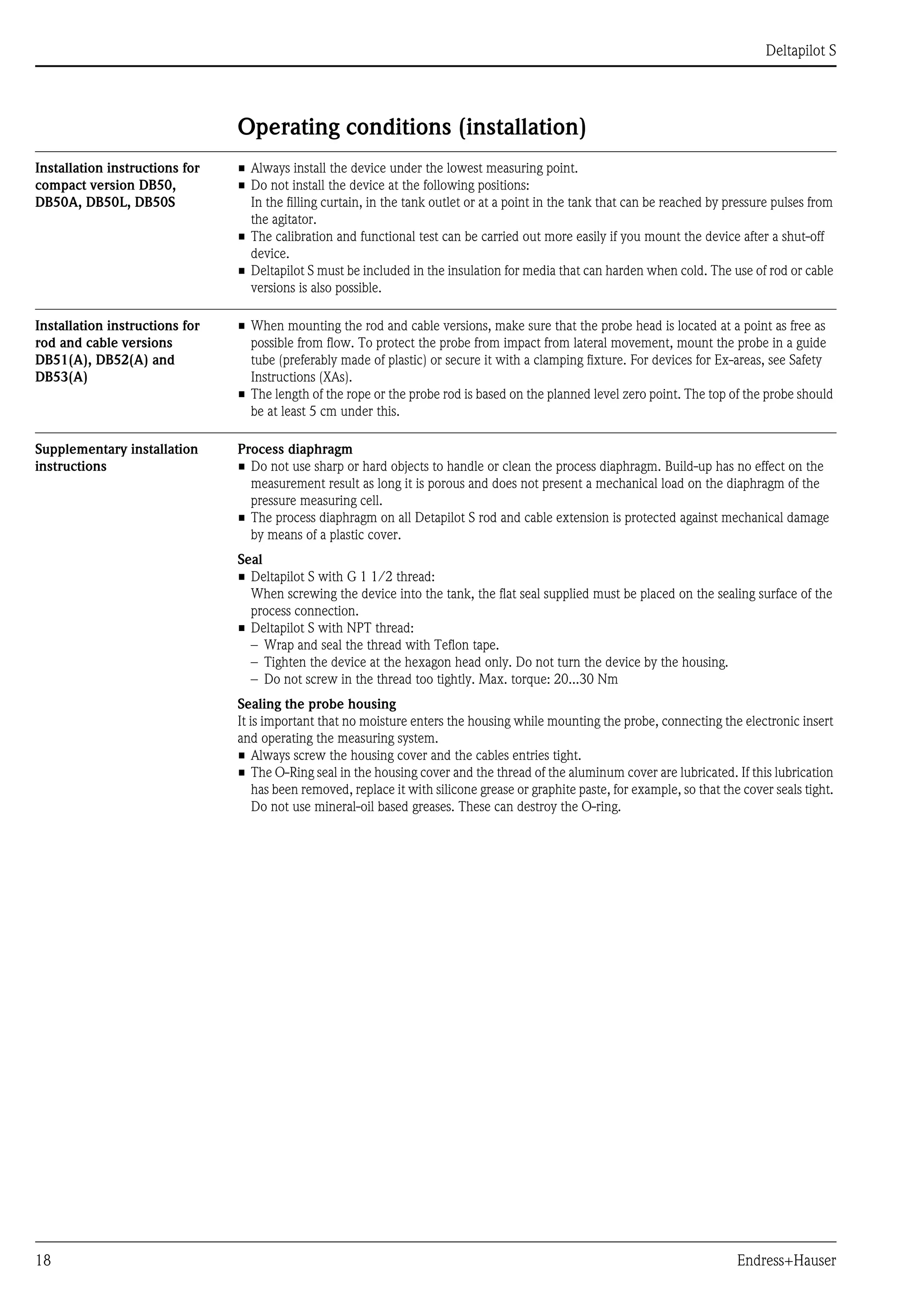 Deltapilot S
18 Endress+Hauser
Operating conditions (installation)
Installation instructions for
compact version DB50,
DB50A, DB50L, DB50S
• Always install the device under the lowest measuring point.
• Do not install the device at the following positions:
In the filling curtain, in the tank outlet or at a point in the tank that can be reached by pressure pulses from
the agitator.
• The calibration and functional test can be carried out more easily if you mount the device after a shut-off
device.
• Deltapilot S must be included in the insulation for media that can harden when cold. The use of rod or cable
versions is also possible.
Installation instructions for
rod and cable versions
DB51(A), DB52(A) and
DB53(A)
• When mounting the rod and cable versions, make sure that the probe head is located at a point as free as
possible from flow. To protect the probe from impact from lateral movement, mount the probe in a guide
tube (preferably made of plastic) or secure it with a clamping fixture. For devices for Ex-areas, see Safety
Instructions (XAs).
• The length of the rope or the probe rod is based on the planned level zero point. The top of the probe should
be at least 5 cm under this.
Supplementary installation
instructions
Process diaphragm
• Do not use sharp or hard objects to handle or clean the process diaphragm. Build-up has no effect on the
measurement result as long it is porous and does not present a mechanical load on the diaphragm of the
pressure measuring cell.
• The process diaphragm on all Detapilot S rod and cable extension is protected against mechanical damage
by means of a plastic cover.
Seal
• Deltapilot S with G 1 1/2 thread:
When screwing the device into the tank, the flat seal supplied must be placed on the sealing surface of the
process connection.
• Deltapilot S with NPT thread:
– Wrap and seal the thread with Teflon tape.
– Tighten the device at the hexagon head only. Do not turn the device by the housing.
– Do not screw in the thread too tightly. Max. torque: 20...30 Nm
Sealing the probe housing
It is important that no moisture enters the housing while mounting the probe, connecting the electronic insert
and operating the measuring system.
• Always screw the housing cover and the cables entries tight.
• The O-Ring seal in the housing cover and the thread of the aluminum cover are lubricated. If this lubrication
has been removed, replace it with silicone grease or graphite paste, for example, so that the cover seals tight.
Do not use mineral-oil based greases. These can destroy the O-ring.
 