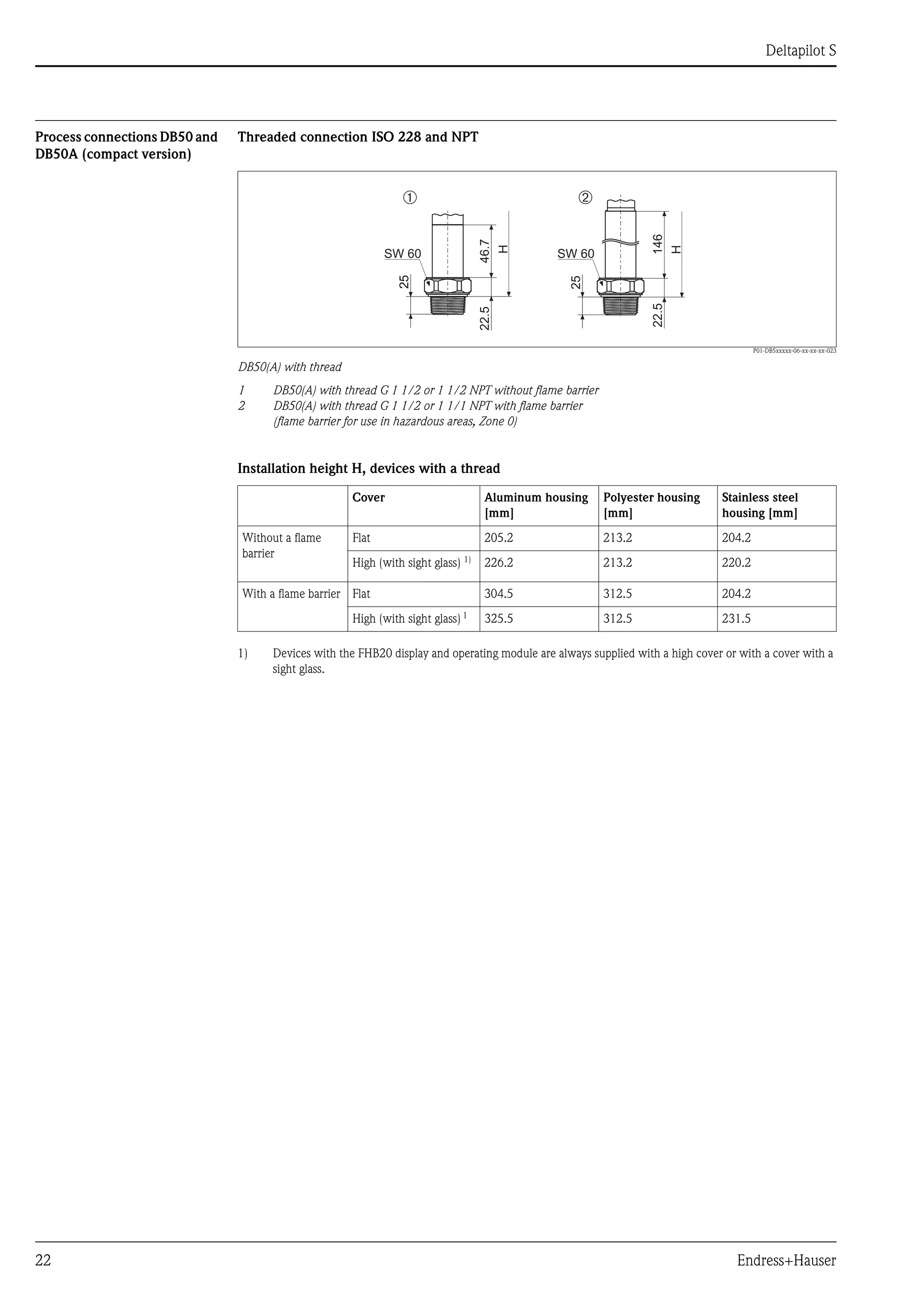 Deltapilot S
22 Endress+Hauser
Process connections DB50 and
DB50A (compact version)
Threaded connection ISO 228 and NPT
P01-DB5xxxxx-06-xx-xx-xx-023
DB50(A) with thread
1 DB50(A) with thread G 1 1/2 or 1 1/2 NPT without flame barrier
2 DB50(A) with thread G 1 1/2 or 1 1/1 NPT with flame barrier
(flame barrier for use in hazardous areas, Zone 0)
Installation height H, devices with a thread
➁
14622.5
25
H
➀
46.722.5
25
H
25
SW 60 SW 60
Cover Aluminum housing
[mm]
Polyester housing
[mm]
Stainless steel
housing [mm]
Without a flame
barrier
Flat 205.2 213.2 204.2
High (with sight glass) 1)
1) Devices with the FHB20 display and operating module are always supplied with a high cover or with a cover with a
sight glass.
226.2 213.2 220.2
With a flame barrier Flat 304.5 312.5 204.2
High (with sight glass) 1
325.5 312.5 231.5
 